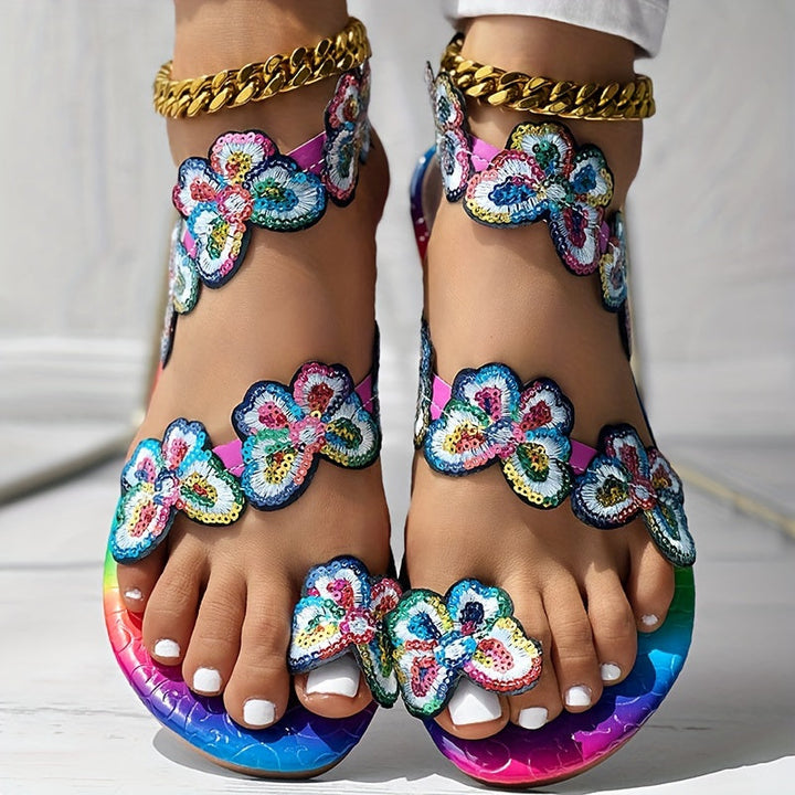 Stilla | Dame Blomster Sandaler På Platform, Slip on Med Perler Og Strap På Tå
