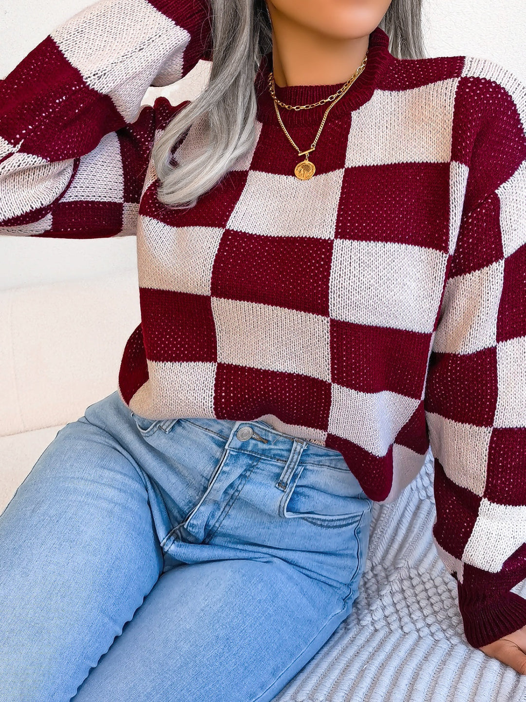 Stilla | Karo Sweater Med Lange Ærmer og Ståkrave