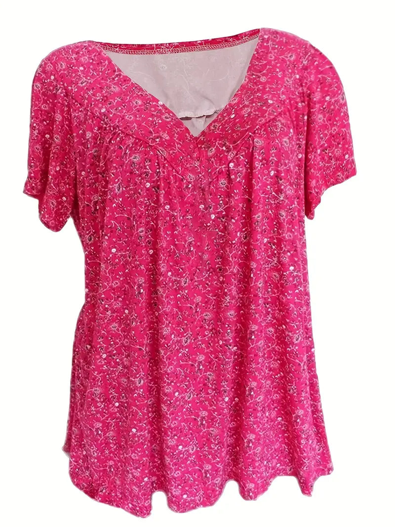 Stilla | Blomster Charm Plus Size V-Hals T-Shirt Med Korte Ærmer Boho T-Shirt
