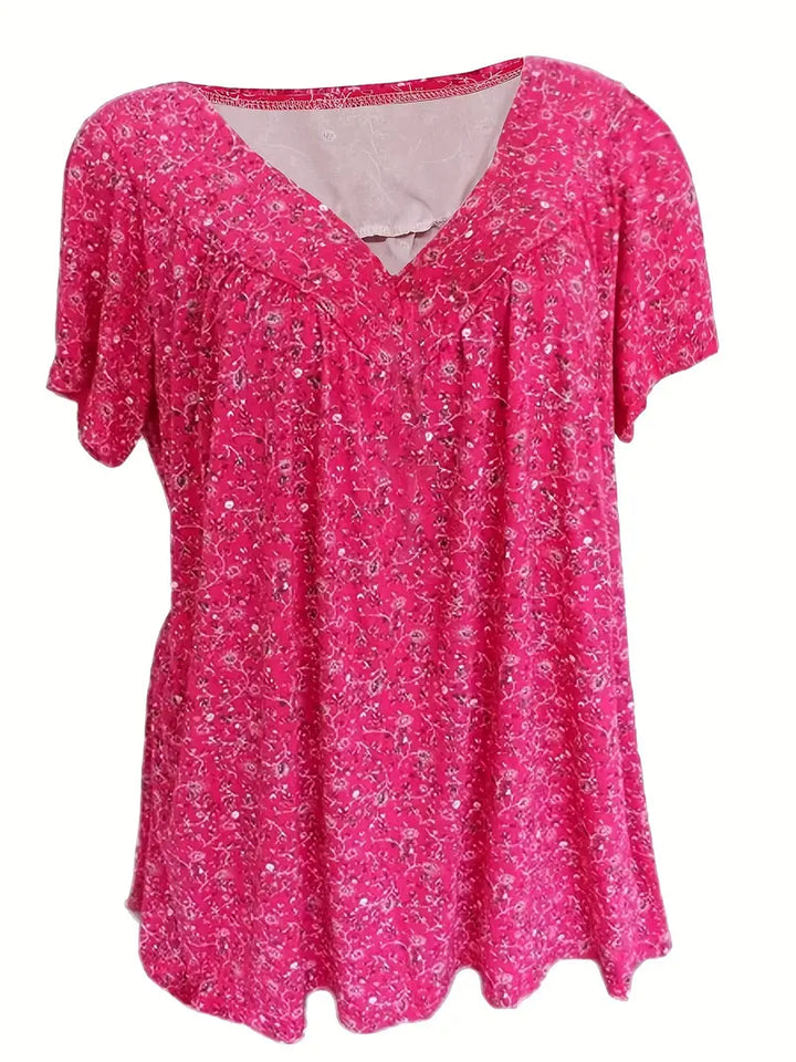 Stilla | Blomster Charm Plus Size V-Hals T-Shirt Med Korte Ærmer Boho T-Shirt