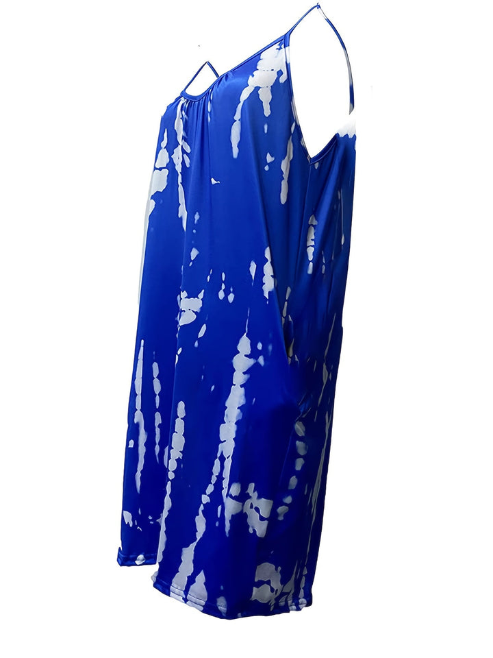 Stilla | Boho Blue Tie Dye Ærmeløs Romper Med Rund Hals