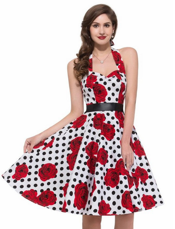 Women's Retro Swing Dress with Floral Pattern and Polka Dots Stilla