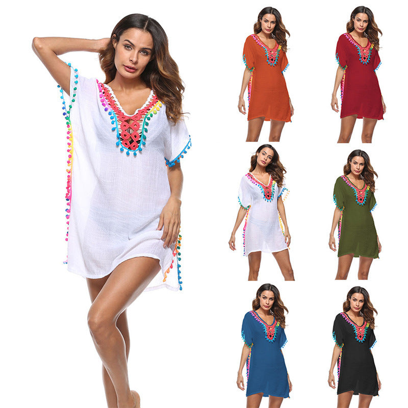 Femme Vibrant Pom-Pom Trim Strand Cover-Up Tunika Stilla