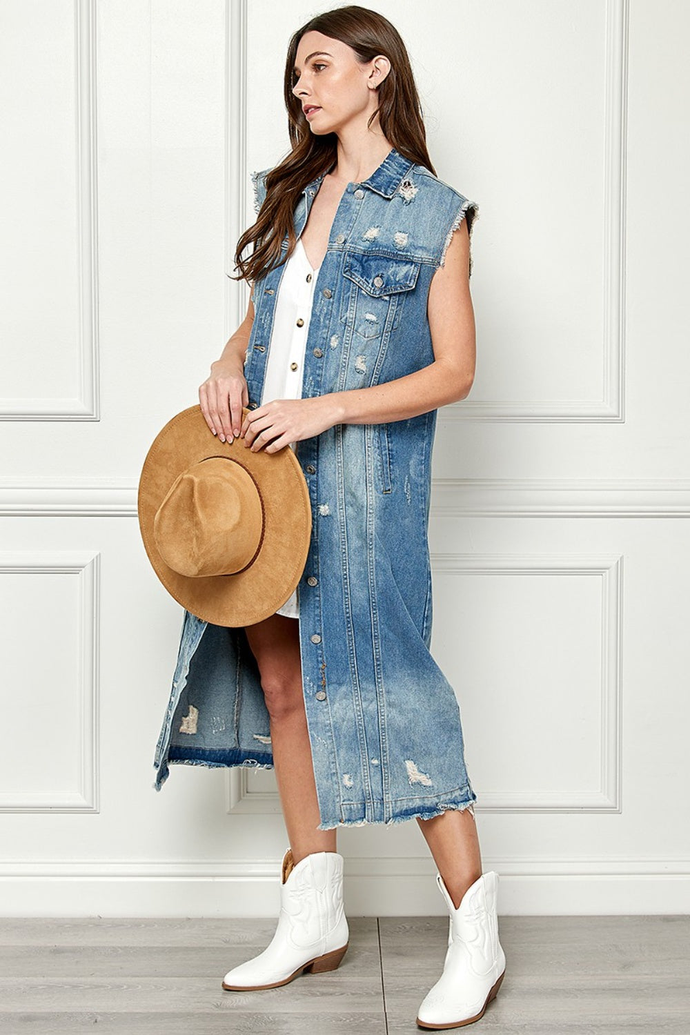 Stilla | Full Size Distressed Without Sleeves Longline Denim Jacket