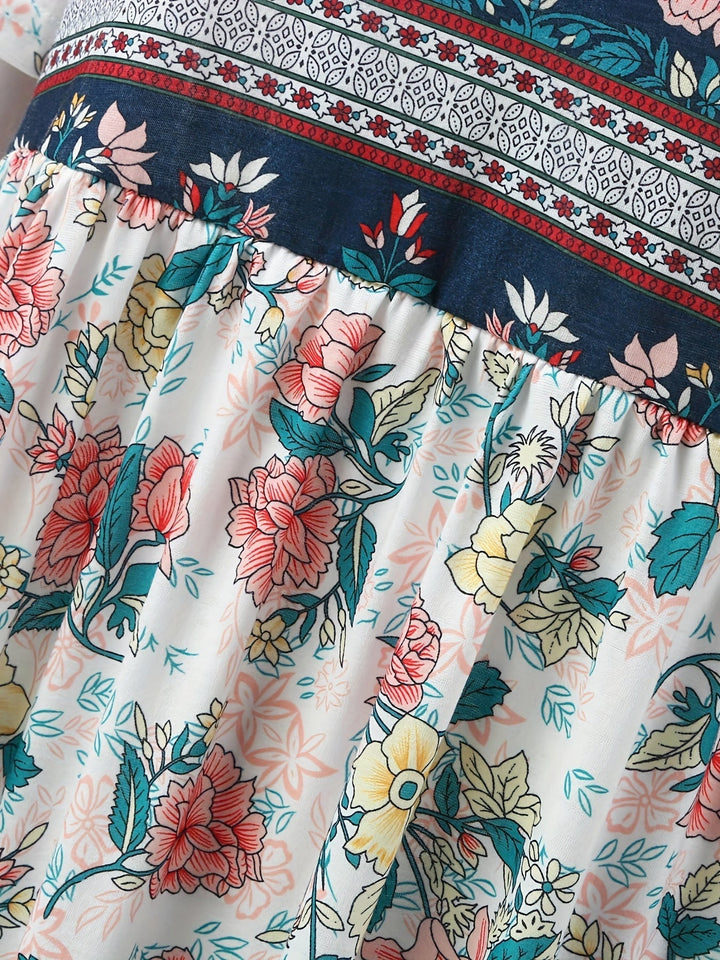 Stilla | Årgang Kjole Med Boho Blomsterprint, Høj Talje Og Korte Ærmer Til Kvinder