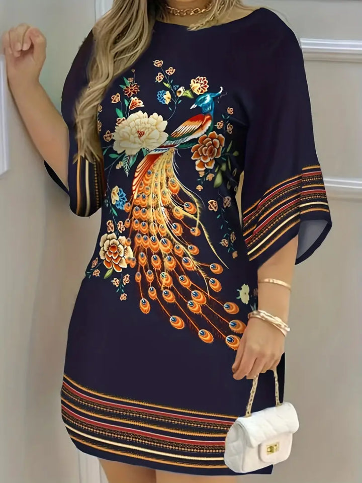 Stilla | Boho Kjole Påfugle Blomster Afslappet Kjole Med 3/4 Ærmer Til Forår Og Sommer