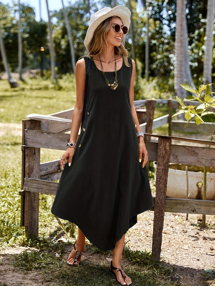 Stilla | Asymmetrisk A-Linje Kjole Uden Ærmer, Dekoreret Med Knapper, Elegant Maxi Kjole