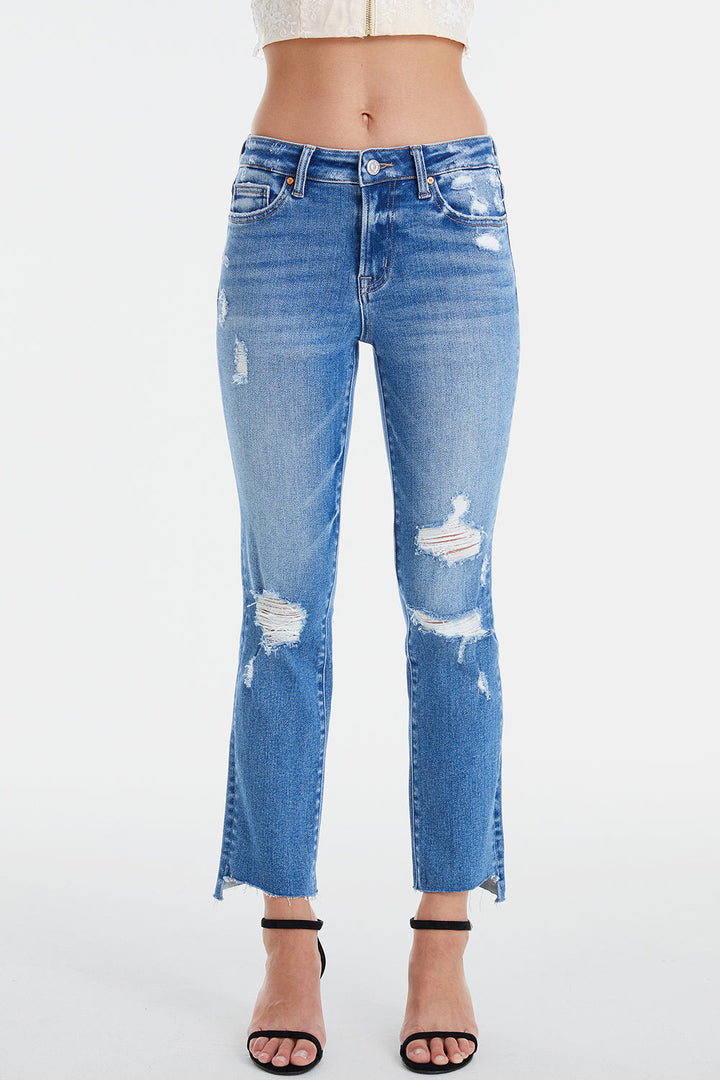 Stilla | Full Size Mid Waist Distressed Ripped Straight Jeans