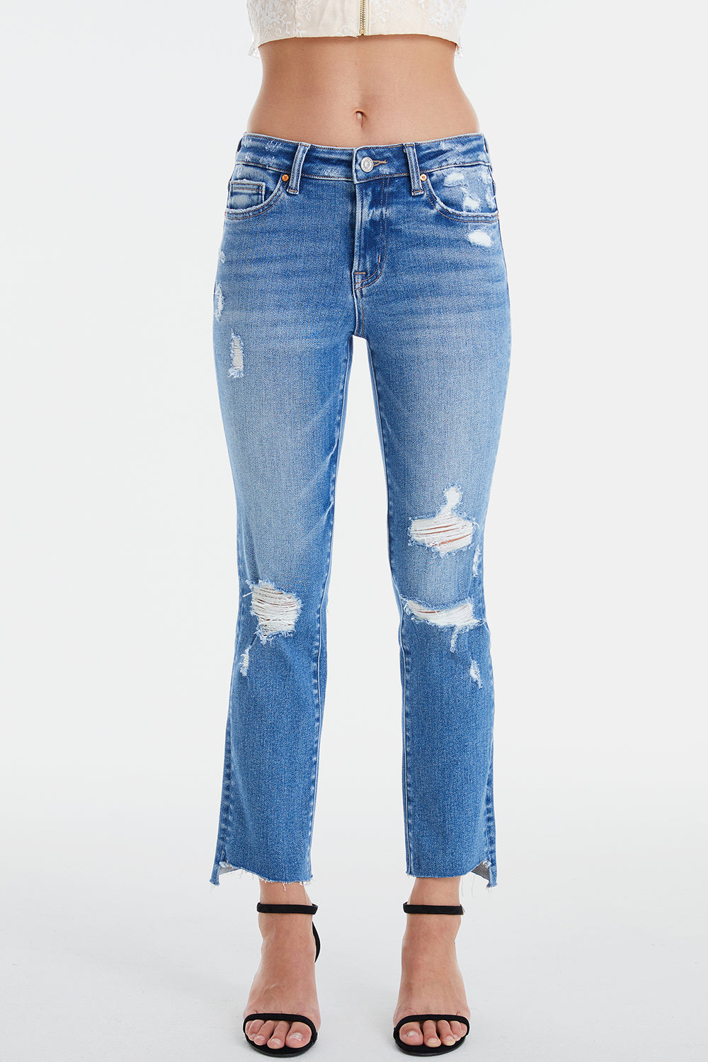 Stilla | Fuldlængde Mellem Talje Distressed Ripped Lige Jeans