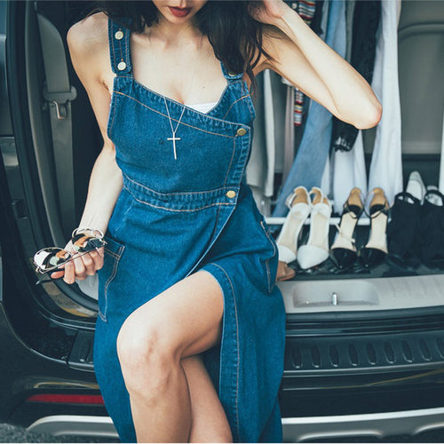 Dame Krydse-Ryg Denim Stropkjole Stilla