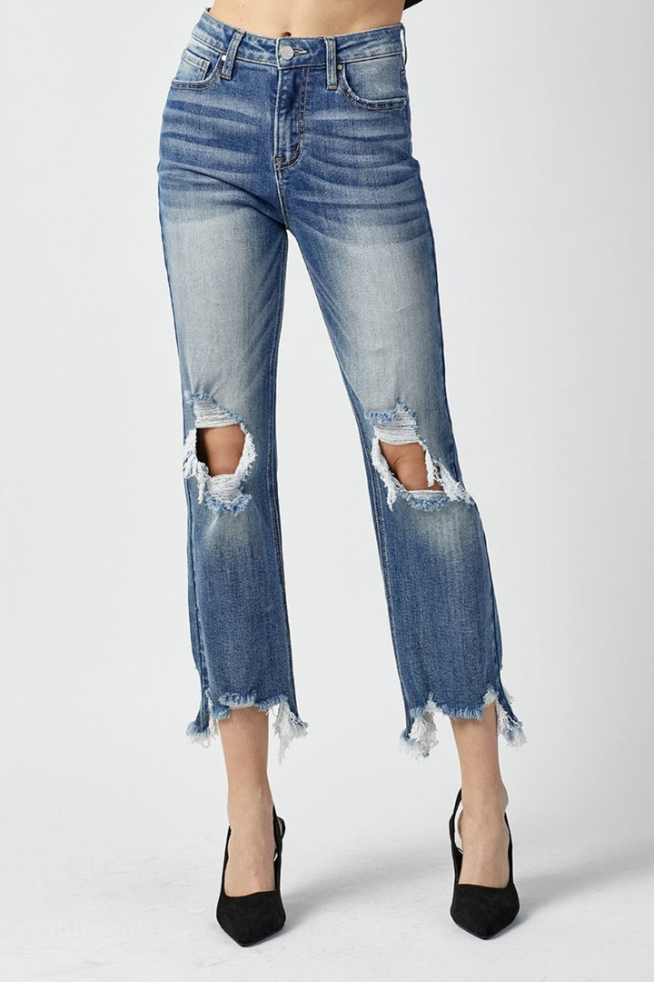 Stilla | Høj Talje Distressed Flæset Kante Cropped Straight Jeans