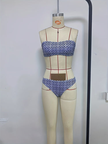 Stilla | Blå Bandeau Bikini Ekstrem Presser Blomster, Høj Talje