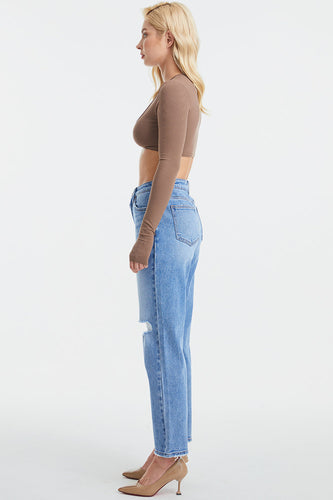 Stilla | Høj Talje Distressed Kattevipper Vaskede Lige Jeans