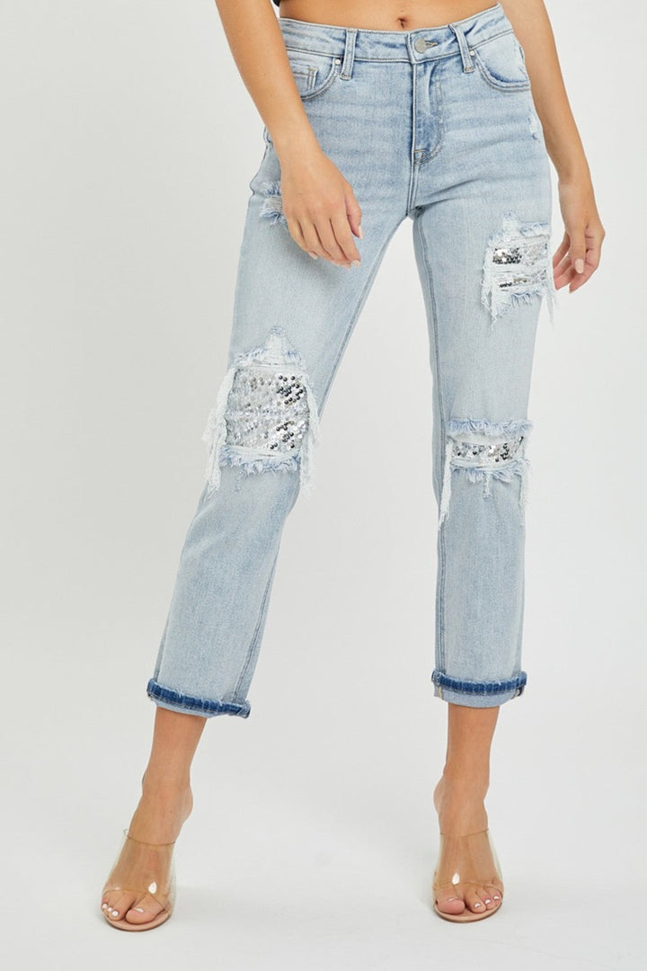 Stilla | Mid-Rise Paillet Patcher Jeans