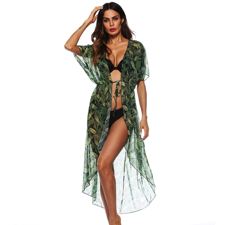 Damer let strand-kimono med blomsterprint og elastisk talje Stilla
