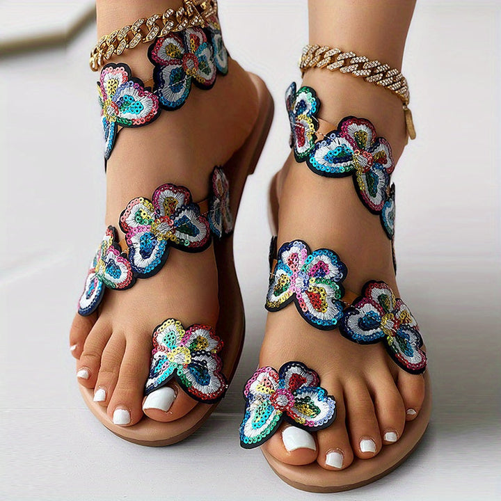Stilla | Dame Blomster Sandaler På Platform, Slip on Med Perler Og Strap På Tå