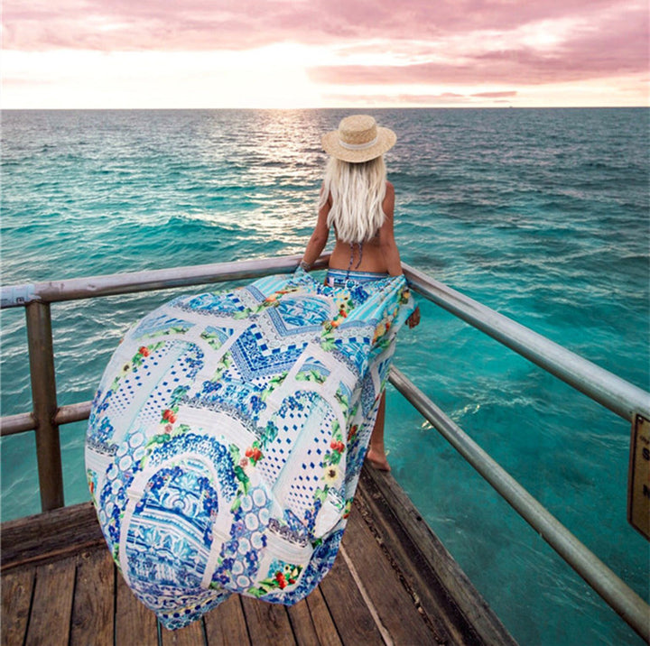 Dame Strandkimono med kunstnerisk patchwork-design og luftige ærmer Stilla