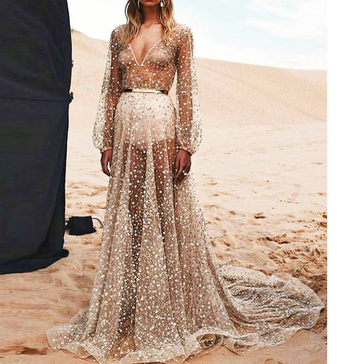 Kvinder Høj- Kvalitets Aftenkjole med Funklende Pailletter og Gennemsigtigt Stof