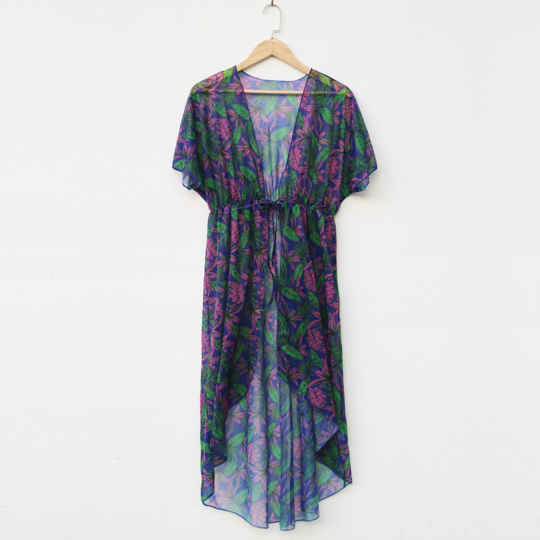 Damer let strand-kimono med blomsterprint og elastisk talje Stilla