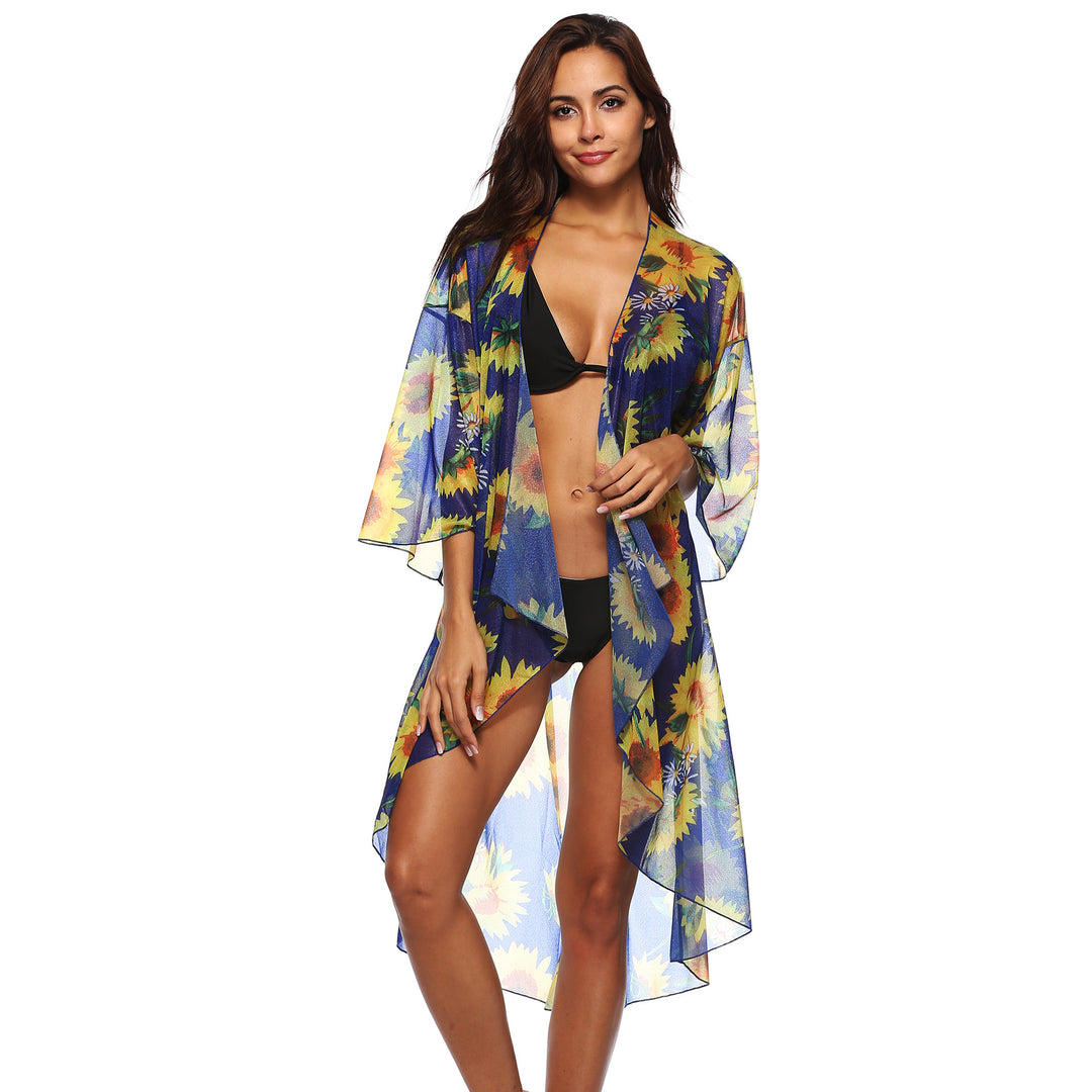 Dame Strandkimono med floral skæring og transparent stof Stilla