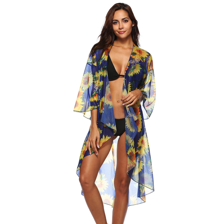 Dame Strandkimono med floral skæring og transparent stof Stilla