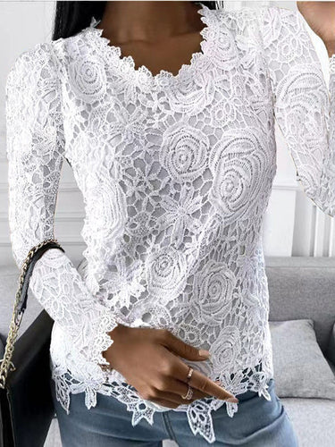 Stilla | Elegant Langærmet O Hals Blomsterprint Blonde Bluse