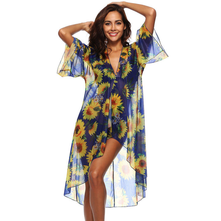 Dame Strandkimono med floral skæring og transparent stof Stilla