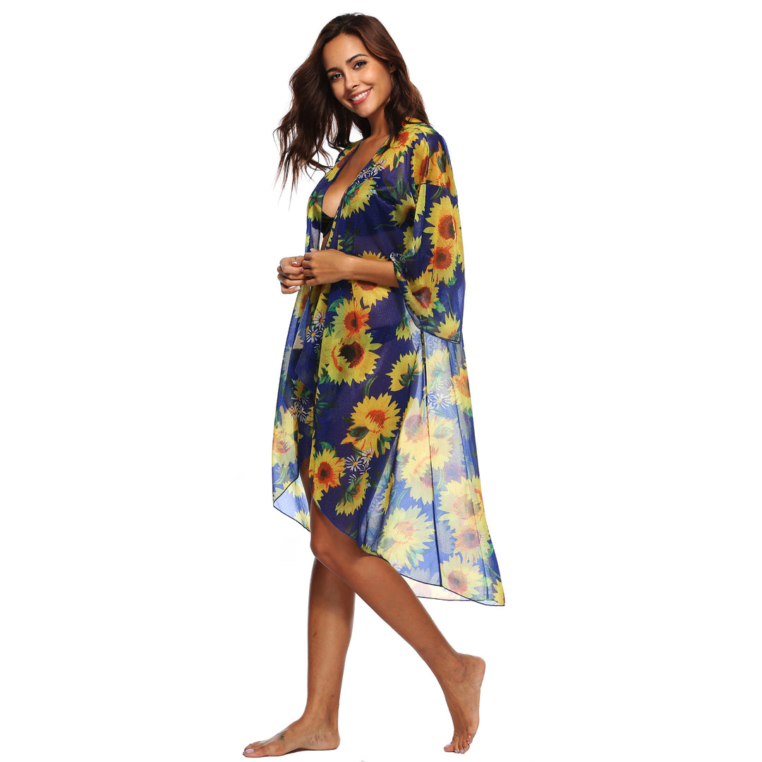 Dame Strandkimono med floral skæring og transparent stof Stilla