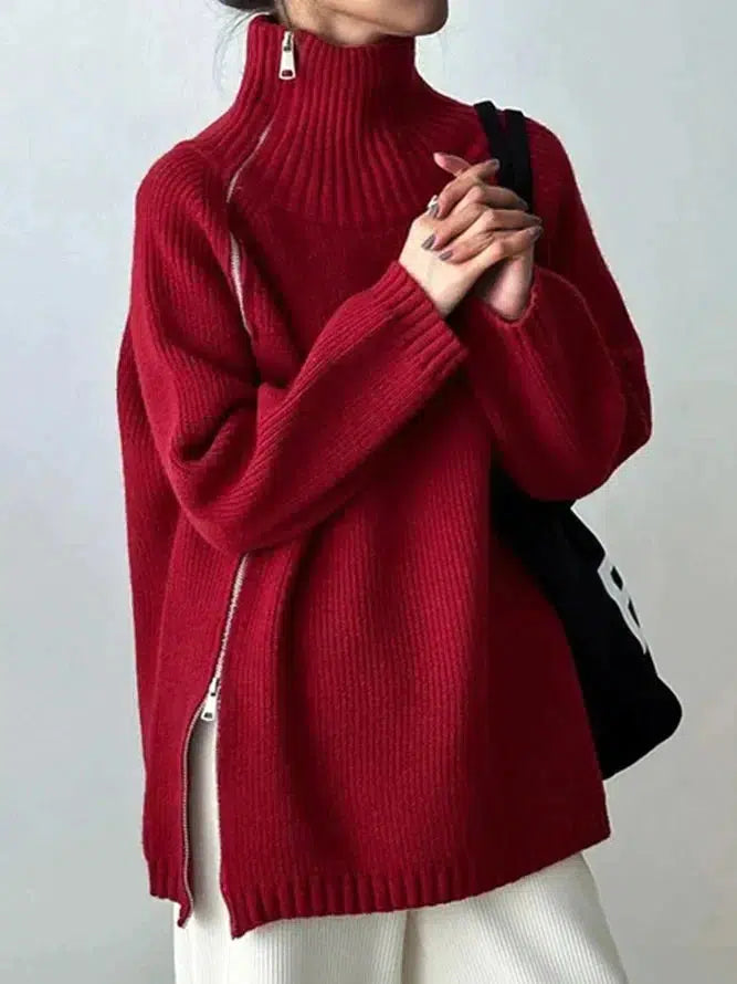 Stilla | Ensfarvet Rød Sweater Med Ståkrave