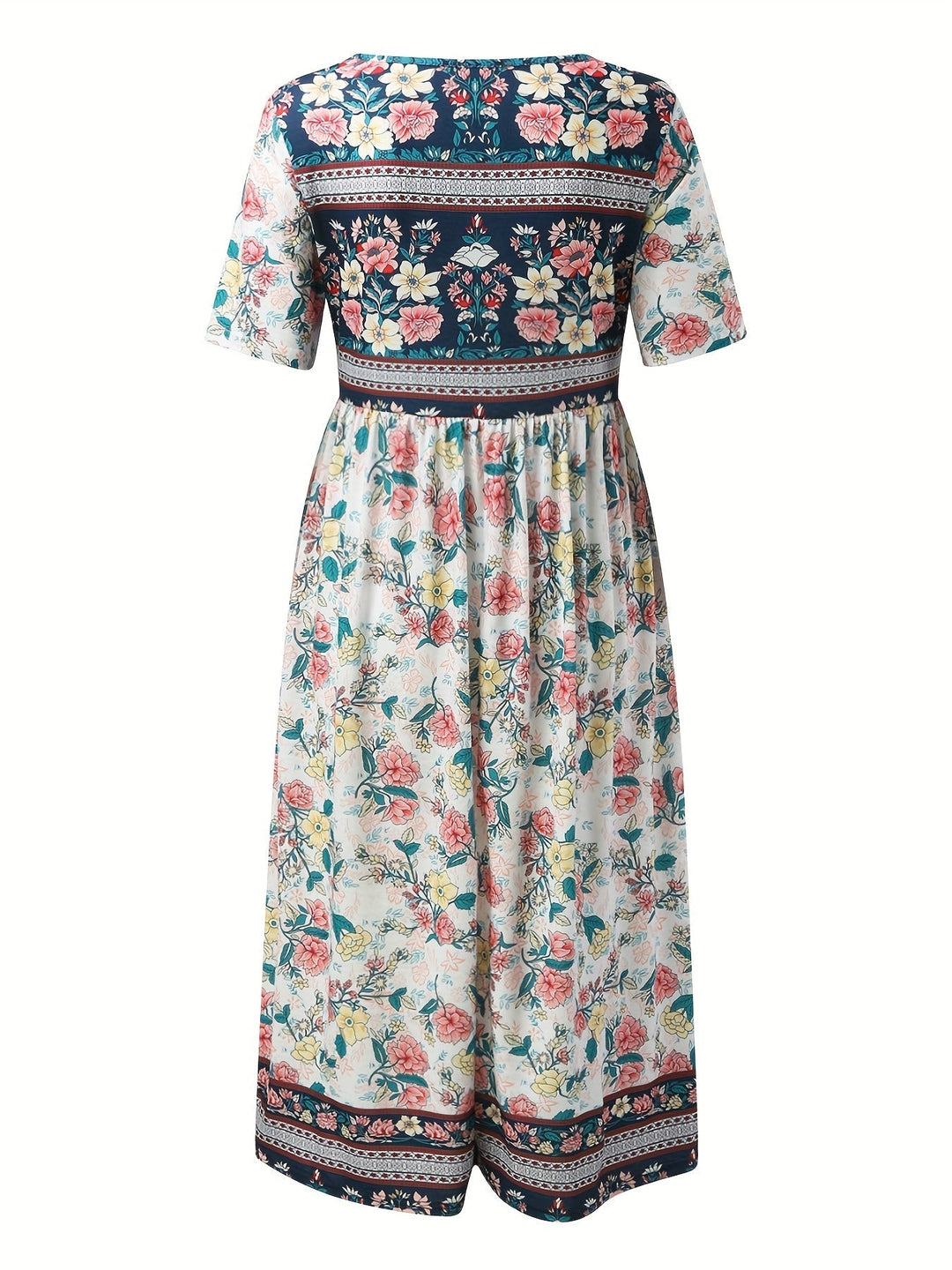 Stilla | Årgang Kjole Med Boho Blomsterprint, Høj Talje Og Korte Ærmer Til Kvinder