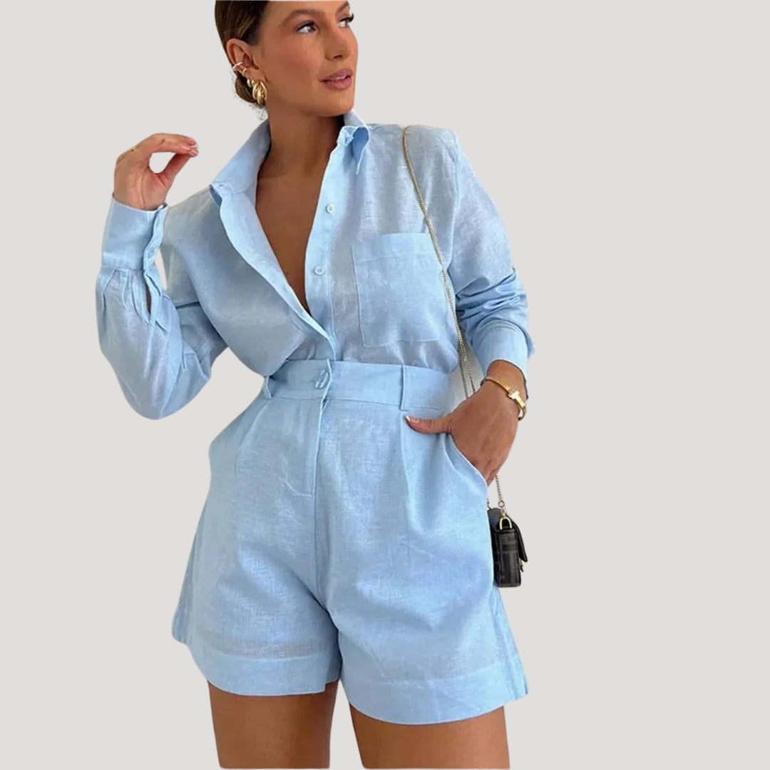 Stilla | Kvinders Linned Co Ord Sæt Afslappet Skjorte Og Shorts