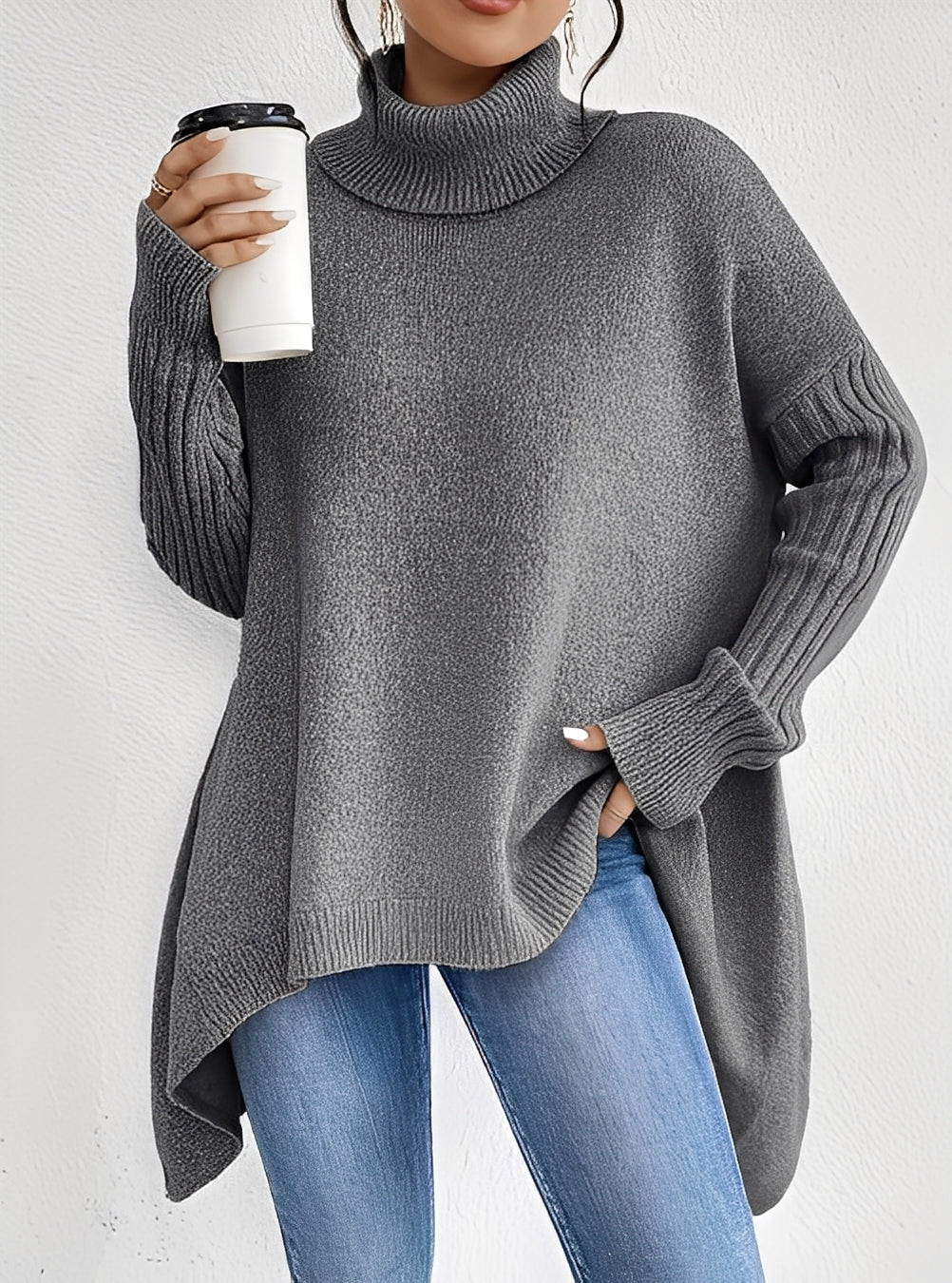 Stilla | Elegant Lang Damepullover med Rullekrave