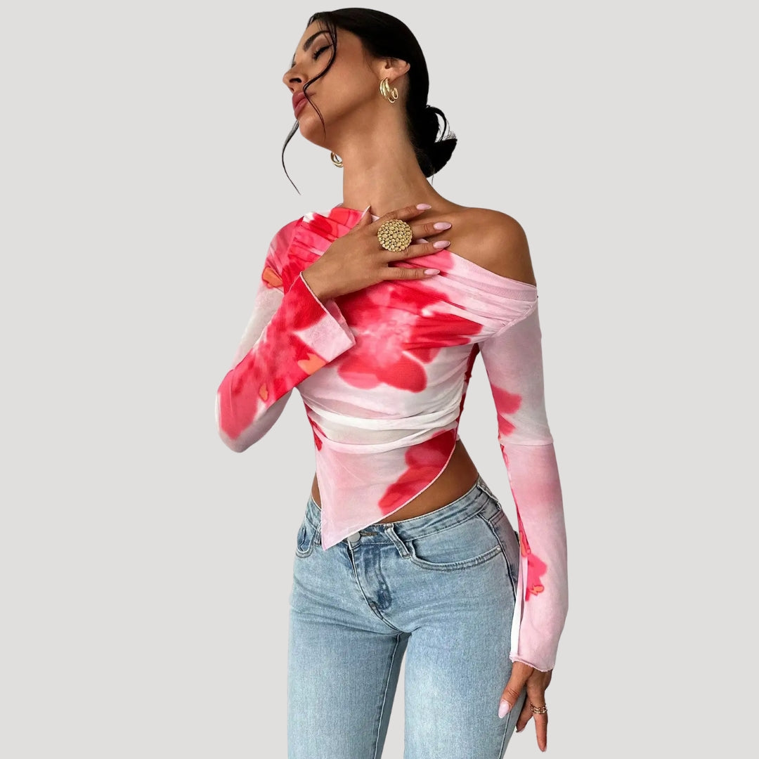Stilla | Off Shoulder Blomster Mesh Top