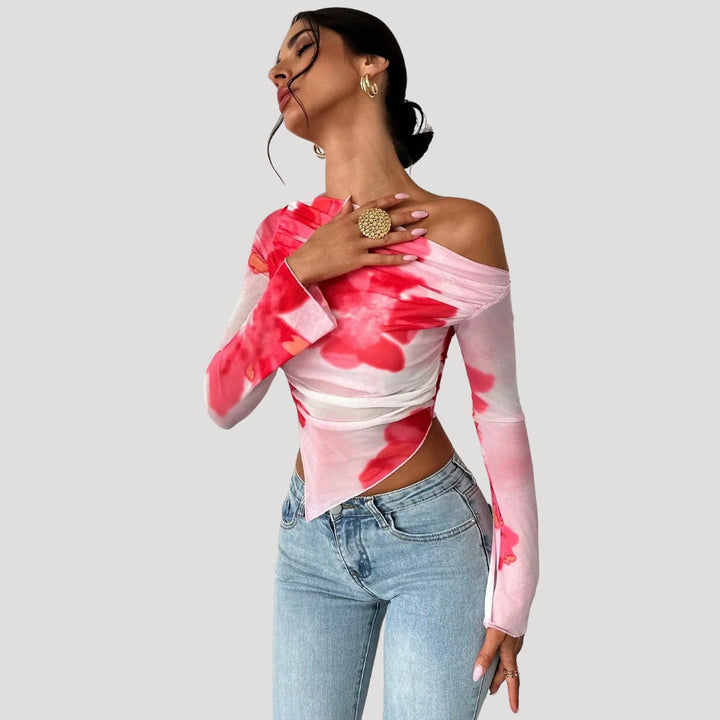 Stilla | Off Shoulder Blomster Mesh Top