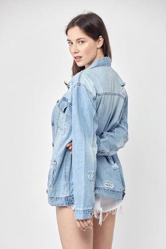 Stilla | Full Size Distressed Long Sleeve Denim Jacket