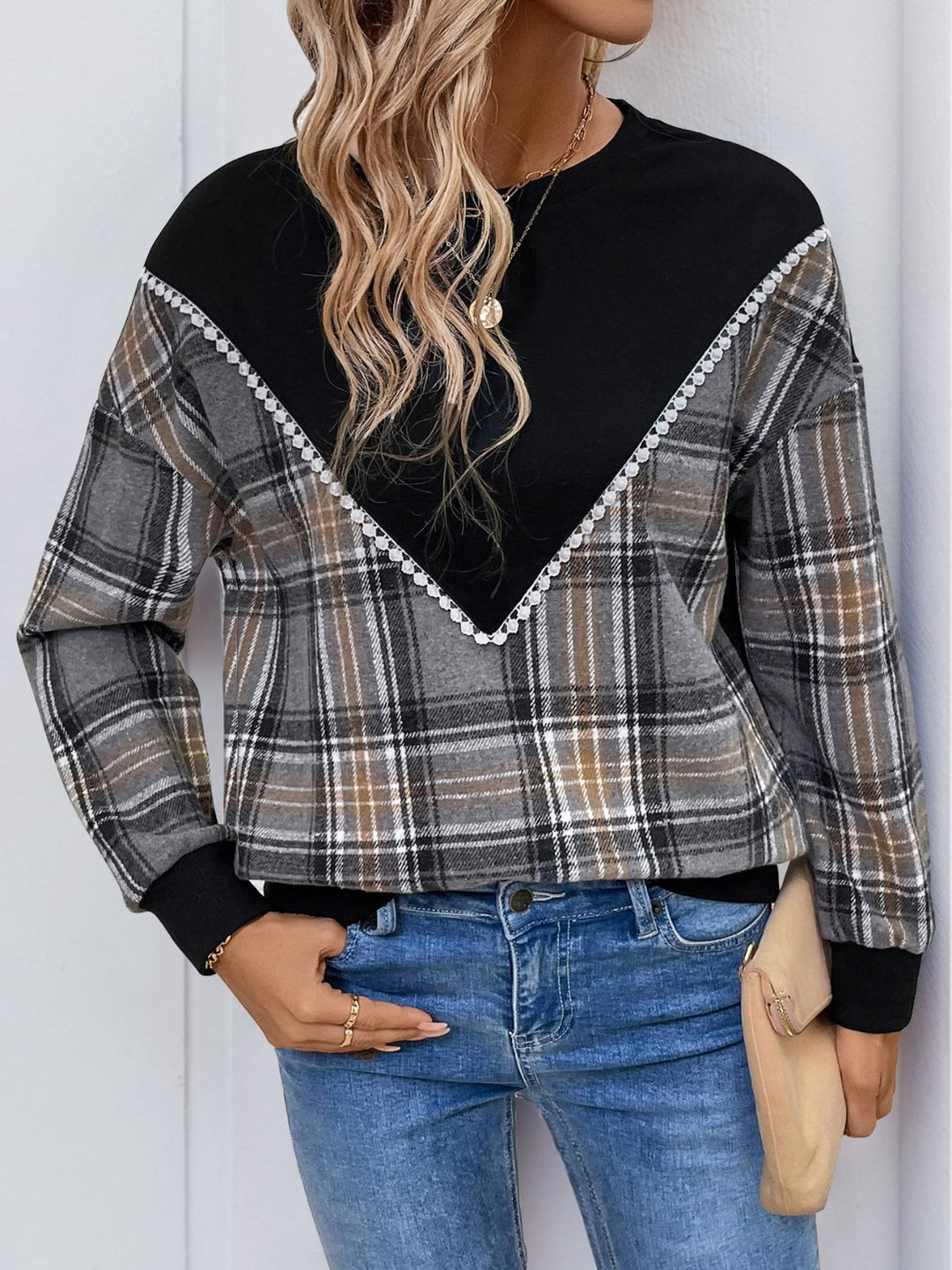 Stilla | Sweatshirt Med Rund Halsudskæring, Lange Ærmer og Ternet Mønster Perfee