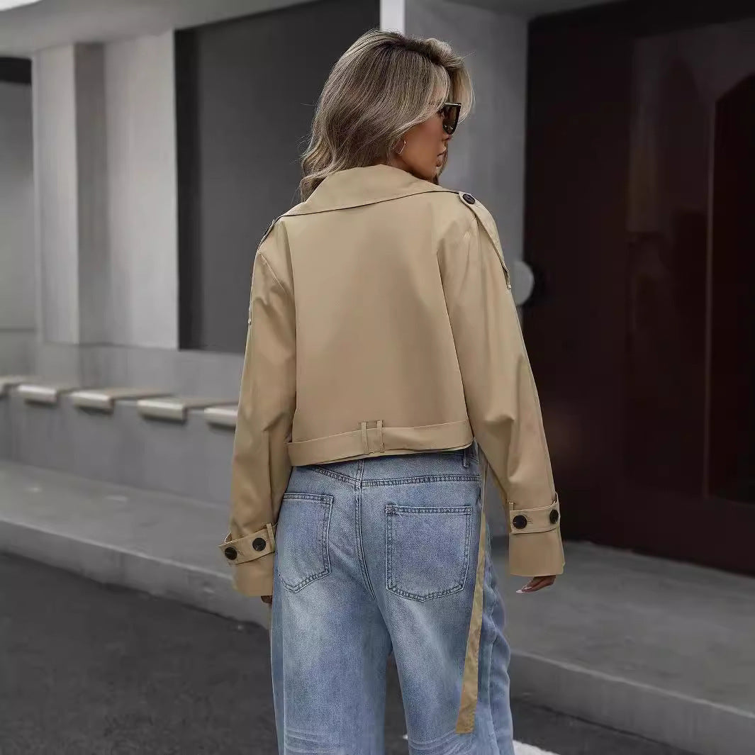Stilla | Khaki Crop Trenchcoat - Elegant bæltestil