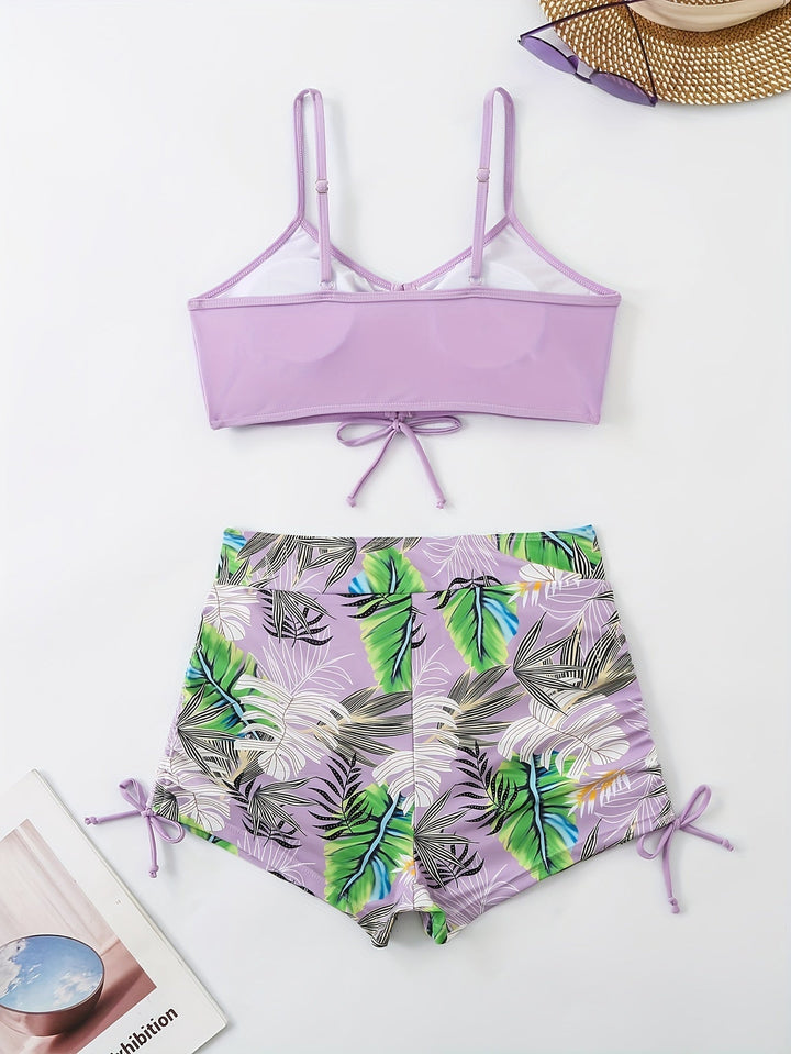 Stilla | Bikini Sæt Med Tropisk Mønster V-Hals, Høj Talje, Snor Til Justering Og Bokser Shorts