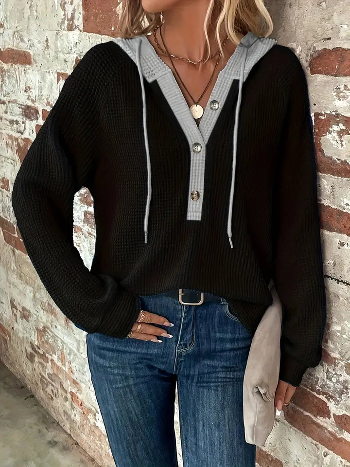 Stilla | Blokfarve Og Knapliste, Behagelig Hoodie Med Snøre