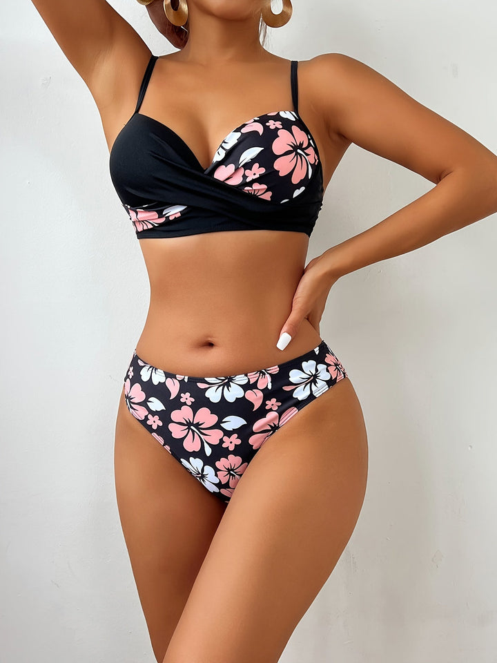 Stilla | Damebikini Sæt Blomsterdesign, Høj Skæring, V-Hals, 2 Delt
