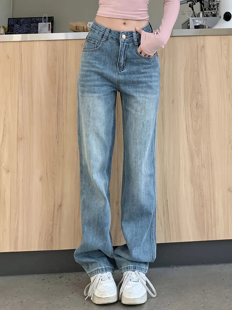 Stilla | Høj Talje Jeans Med Brede Ben Klassisk, Vaskede Denim En Løs Pasform