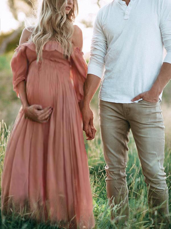 Stilla | Maxi Kjole Volanger Åbne Skuldre Bådformet Udhulning Chic Mode Kjole Til Graviditetsfotografi
