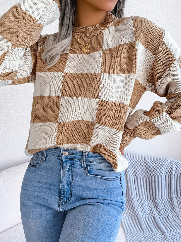 Stilla | Karo Sweater Med Lange Ærmer og Ståkrave