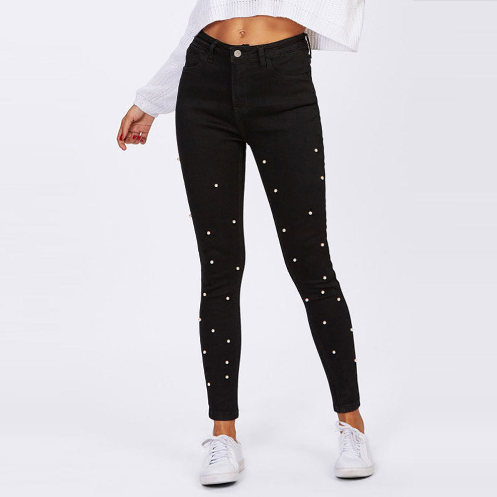 Dame høj taljede skinny jeans med fashionable perle-applikationer Stilla