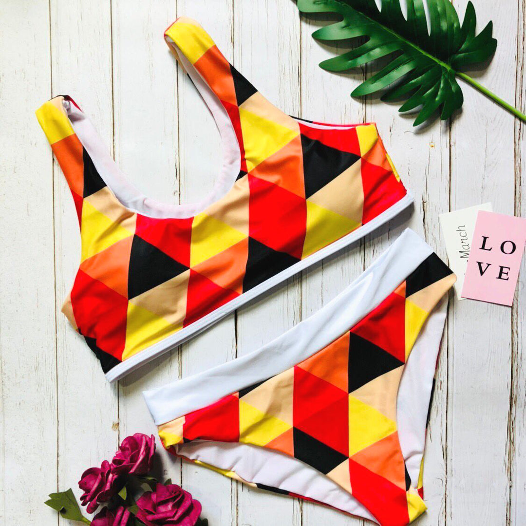 Dame Sporty Bikini med geometrisk mønster og høj talje Stilla