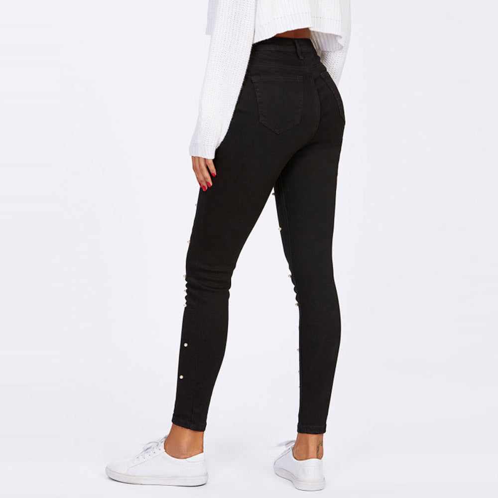 Dame høj taljede skinny jeans med fashionable perle-applikationer Stilla