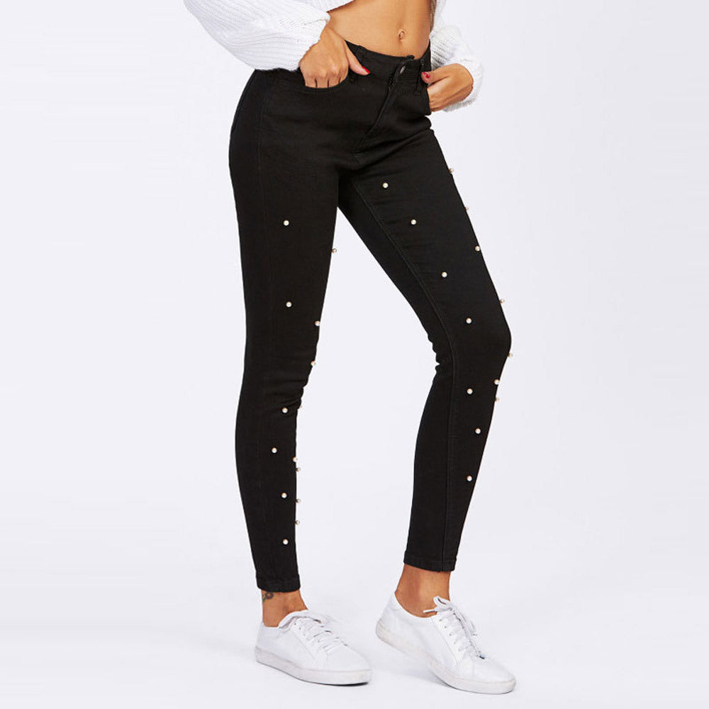 Dame høj taljede skinny jeans med fashionable perle-applikationer Stilla
