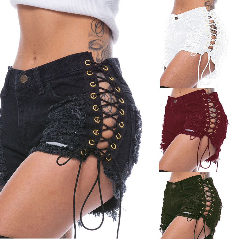 Dame Designer-shorts i used-look med snøring Stilla