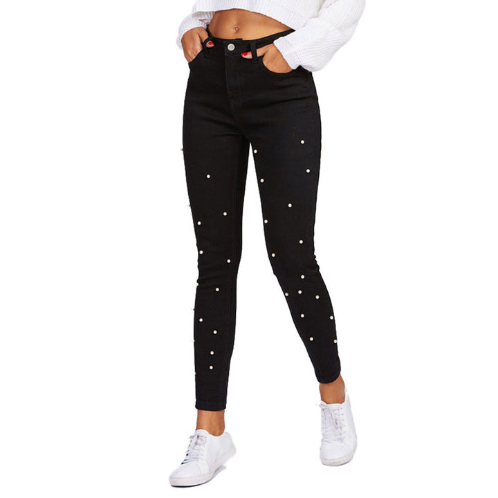 Dame høj taljede skinny jeans med fashionable perle-applikationer Stilla