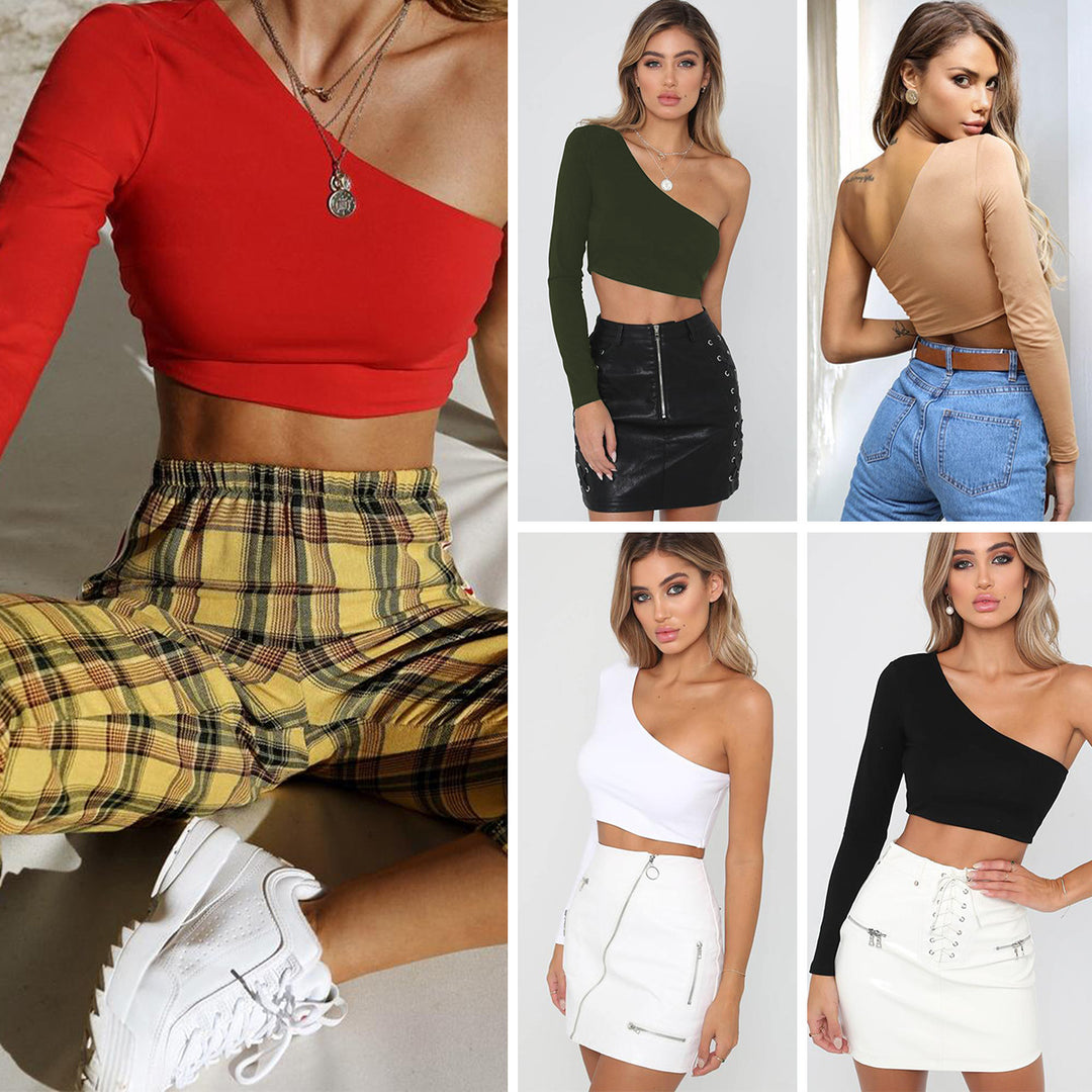 Dame asymmetrisk crop-top med lange ærmer og figursyet snit Stilla